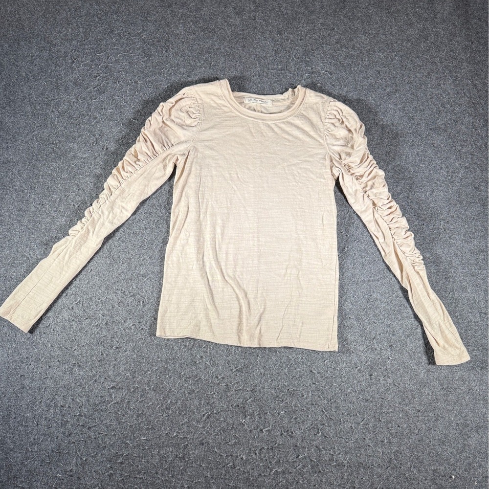 We The Free Free People Ruched Puff Sleeve Slub Knit Top Beige Small OB1194105